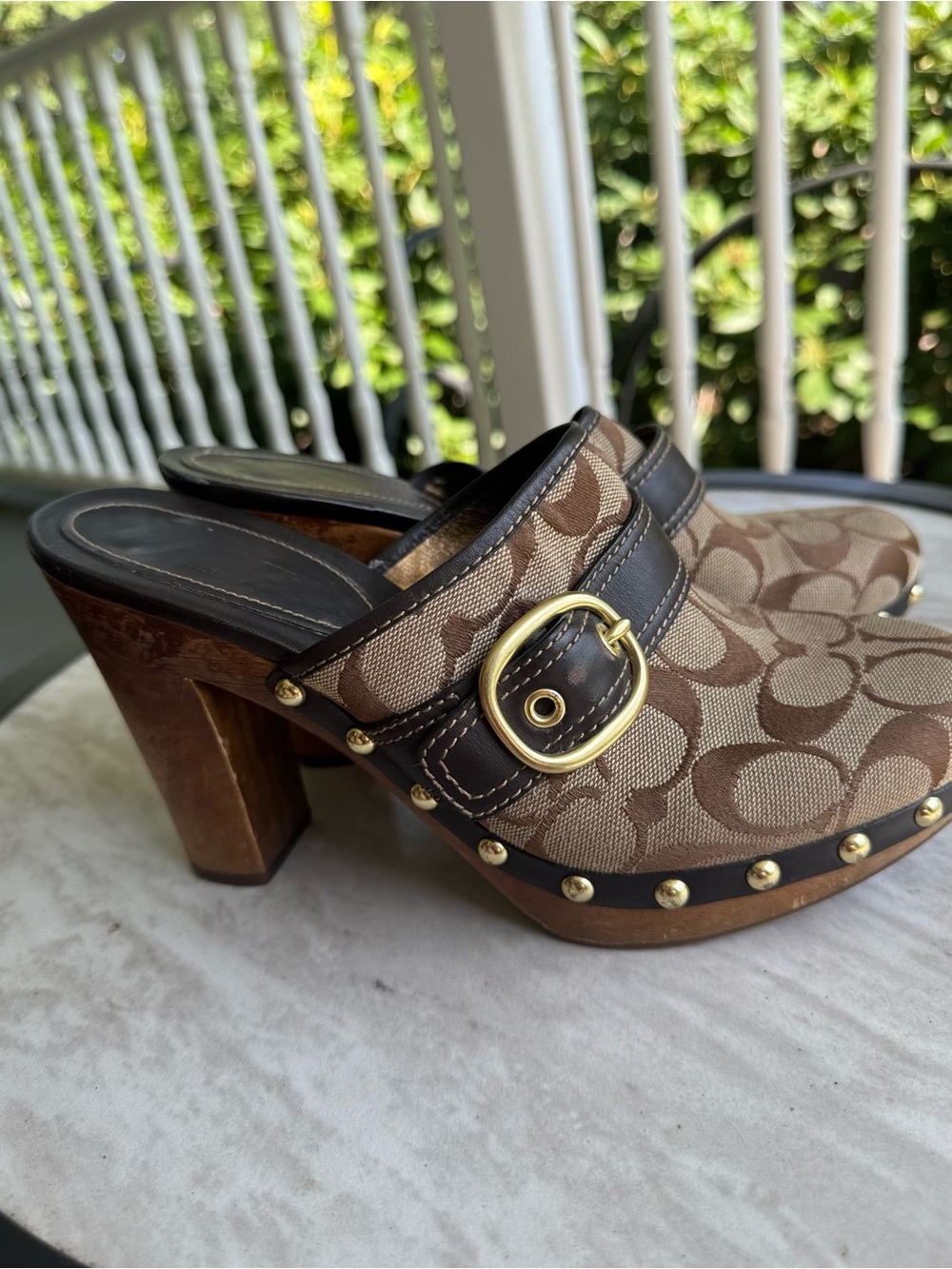 Coach Tan and Brown Logo Clog Mules with Gold Buckle - Picture 4 of 8